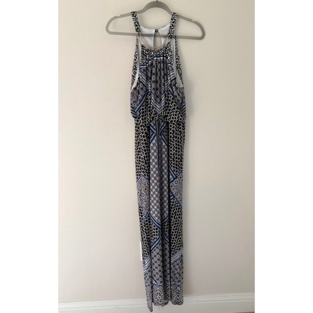 Bisou Bisou Michele Bohbot Geometric Tile Print Halter Maxi Dress Blue Black 10‎